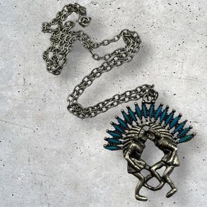 VINTAGE SILVERTONE DANCING CHIEFS FAUX TURQUOISE PENDANT